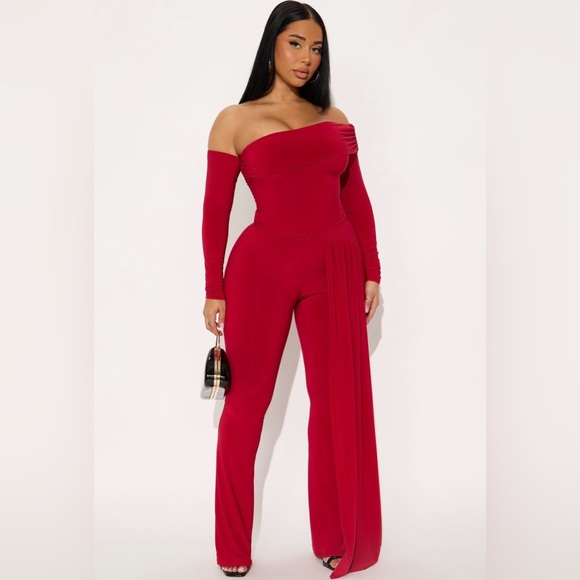 Fashion Nova Pants - Fashion Nova Bold Red Off-Shoulder Jumpsuit